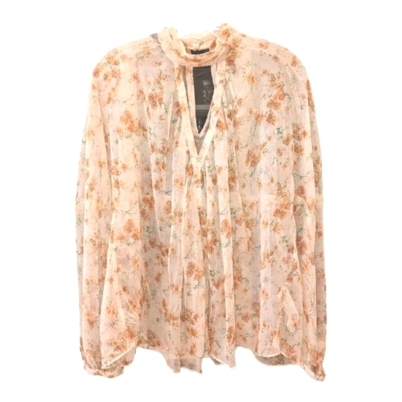 Zara Basic Sheer Orange Floral Long Sleeve Blouse Top Size Small - Picture 2 of 5
